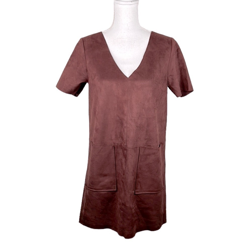 Naked Zebra Faux‎ Suede Brown Short Sleeve Midi Dress Size Small New with tags!
